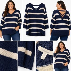 Maurices XL Navy Cream Stripe V Neck Sweater